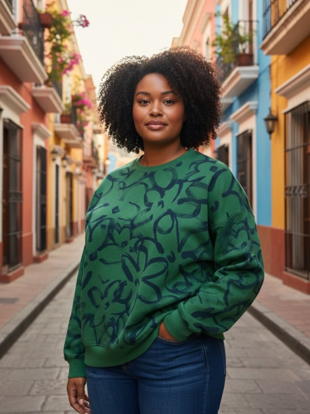 Maeve Women's Green Sketchy Floral Sweatshirt, Size 1X